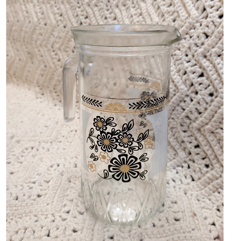 Cerve Italy Vintage Glass Pitcher Black Gold Floral MCM Mid Century Modern 8.5in